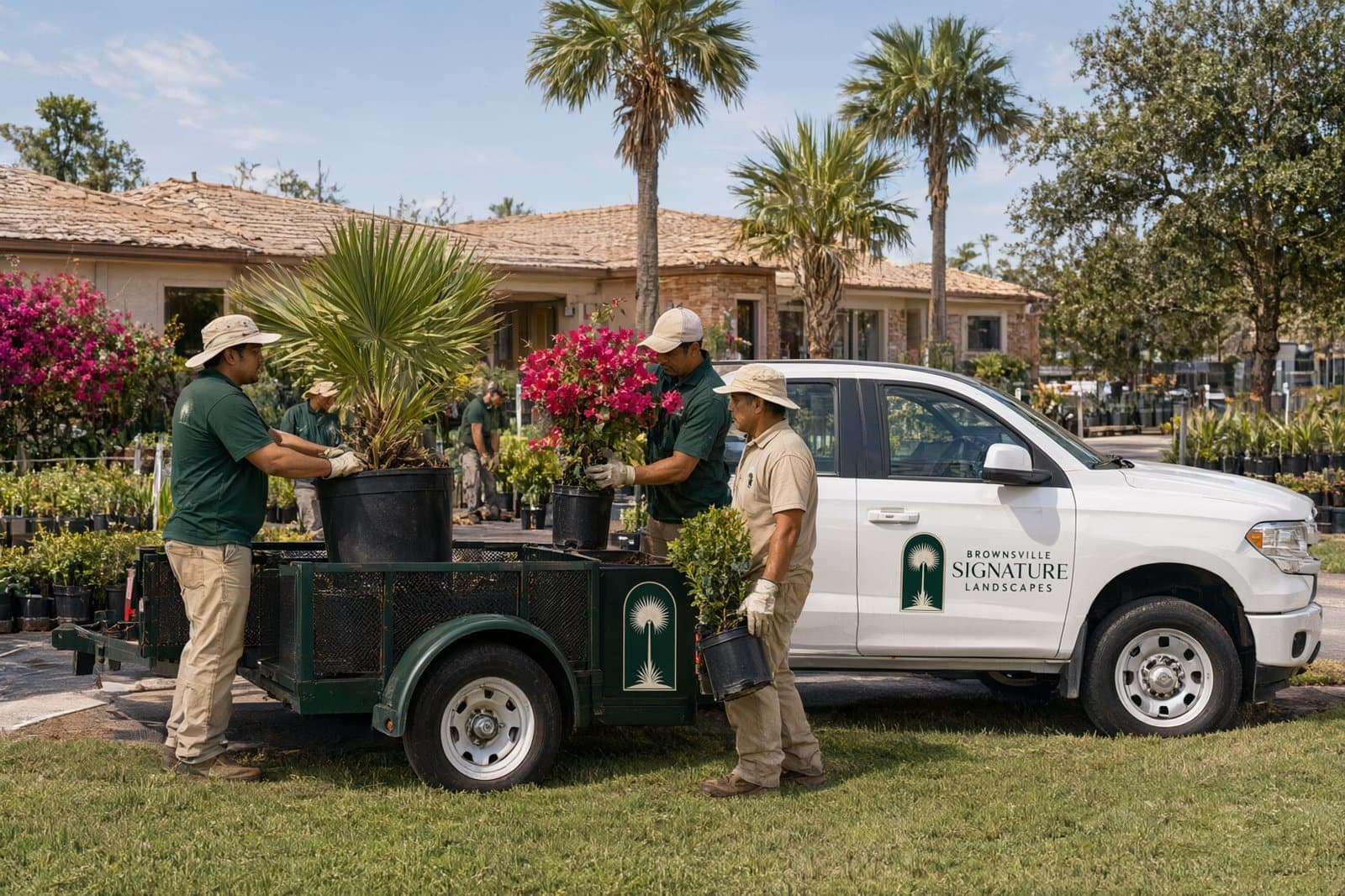 Four crew members loading a potted palm, bougainvillea and shrubs onto the company trailer in the morning