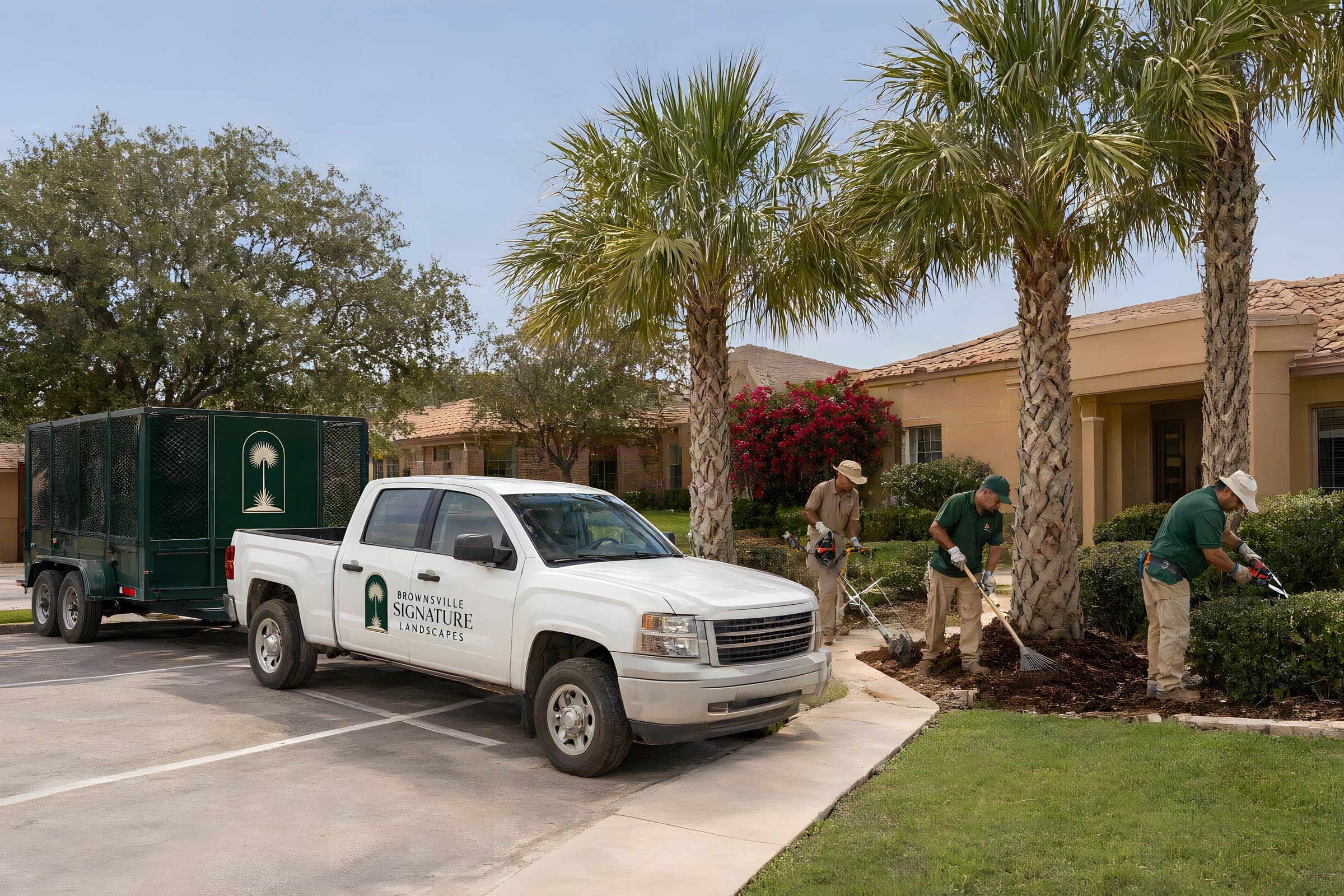 Commercial landscaping in Brownsville: our grounds crew mulching and edging beds under sabal palms at a low-rise stucco office building