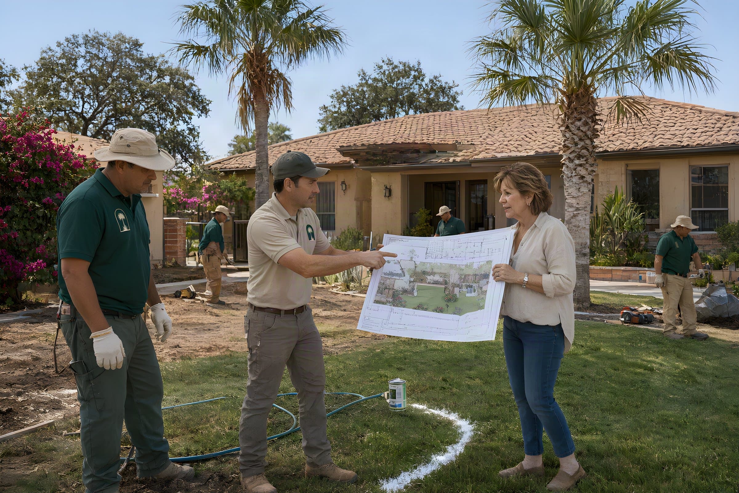 Landscape design in Brownsville: our designer showing a homeowner a printed landscape plan while white marking paint lays out the new bed line