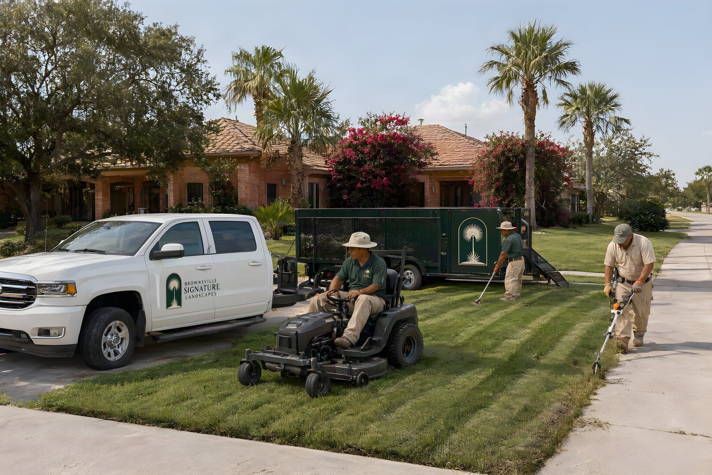 Lawn care in Brownsville: our crew mowing a striped St. Augustine lawn on a zero-turn mower and edging the sidewalk at a brick ranch home
