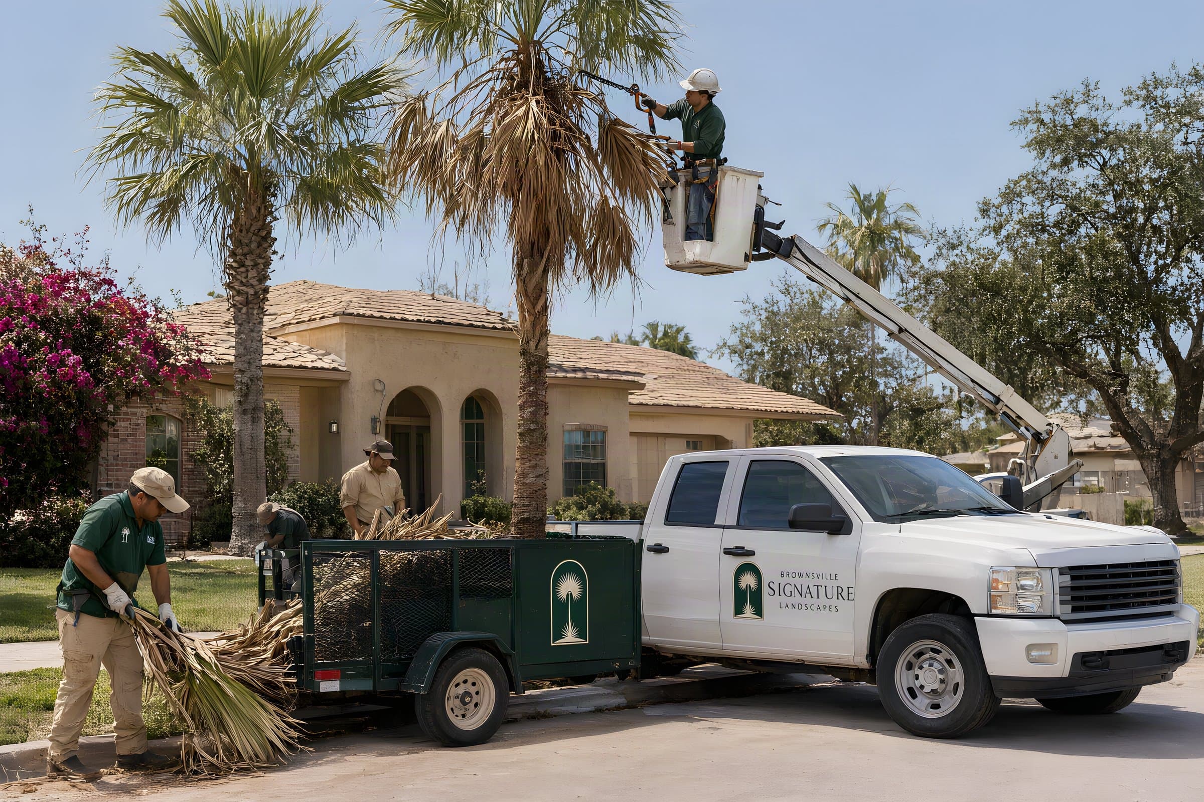 Palm tree trimming in Brownsville: a crew member in a bucket lift trimming dead fronds from a tall Mexican fan palm while another loads the trailer