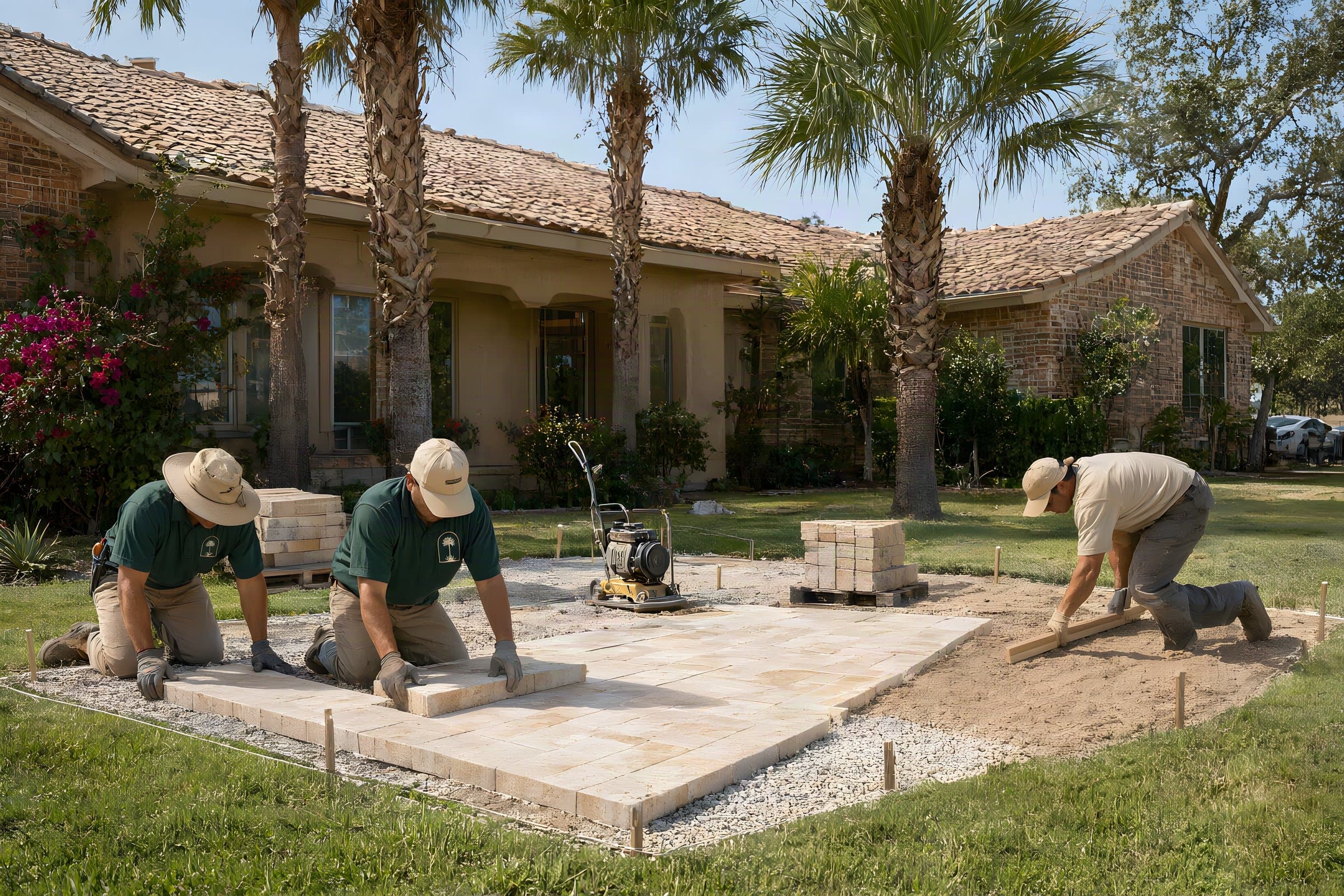 Pavers in Brownsville: our crew setting travertine pavers on a compacted gravel base inside string lines for a backyard patio