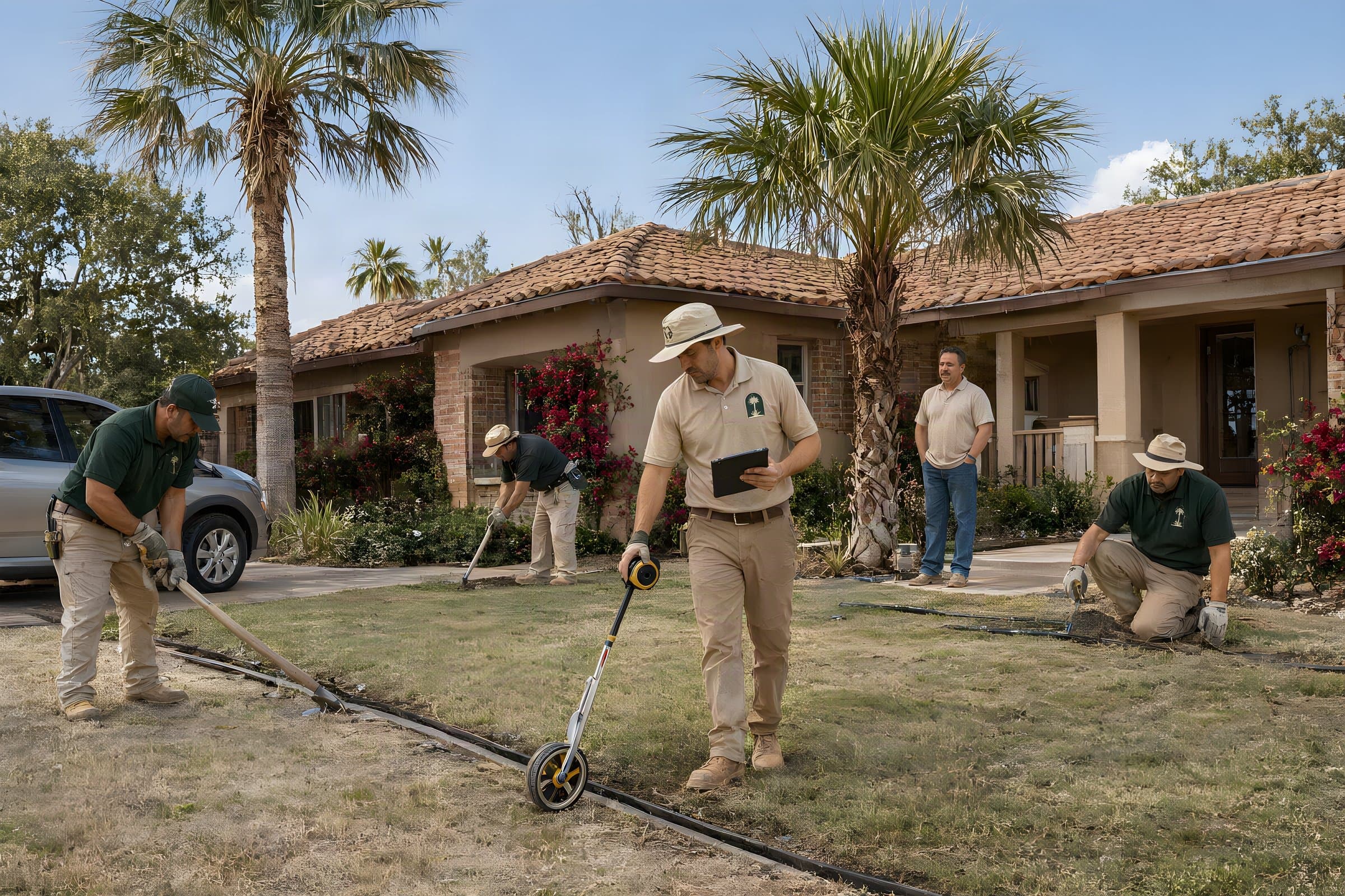 Landscape designer measuring a front yard with a measuring wheel and tablet while the homeowner watches from the porch