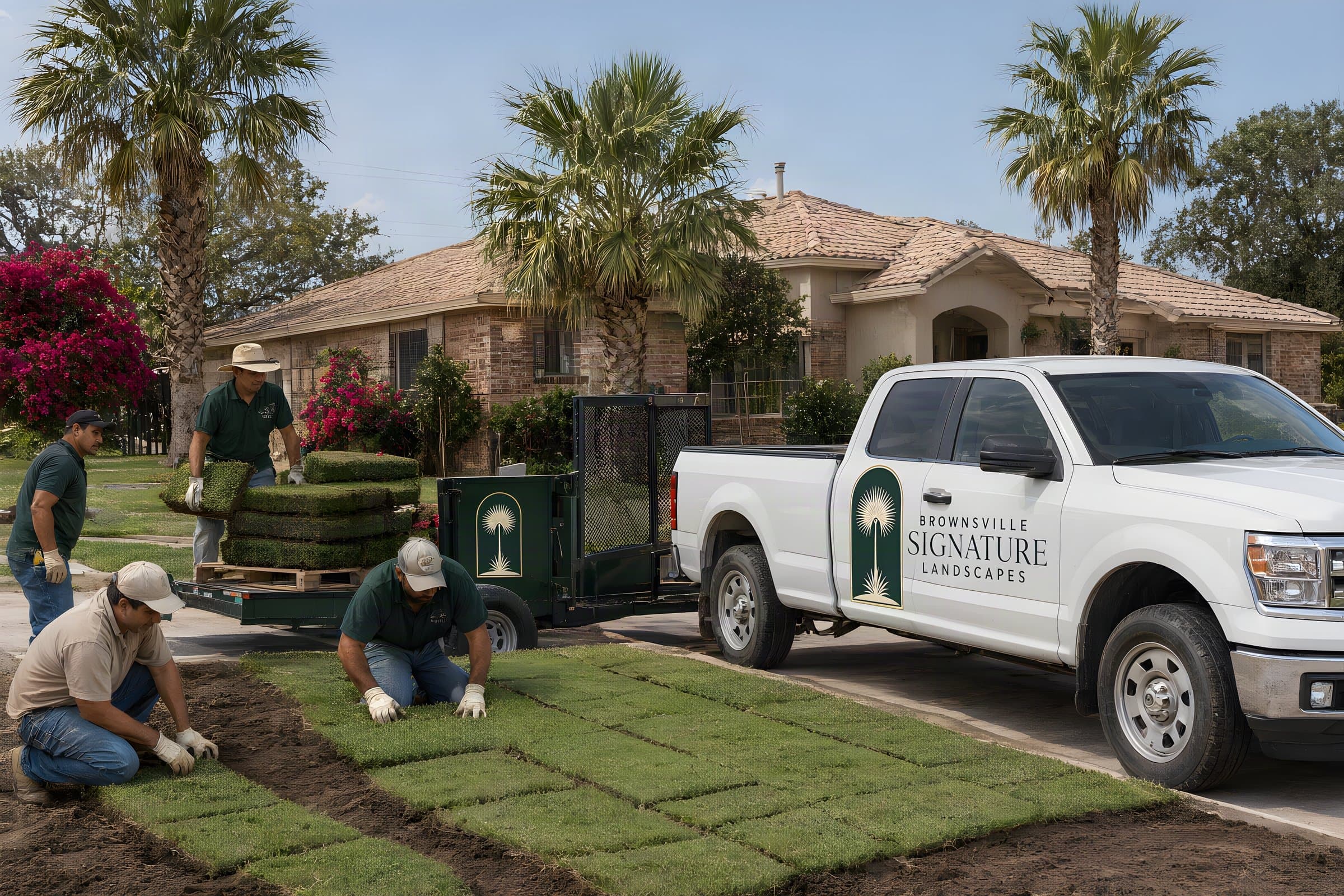 Sod installation in Brownsville: our crew laying fresh St. Augustine sod slabs in a front yard, with sod pallets on the trailer behind the company pickup