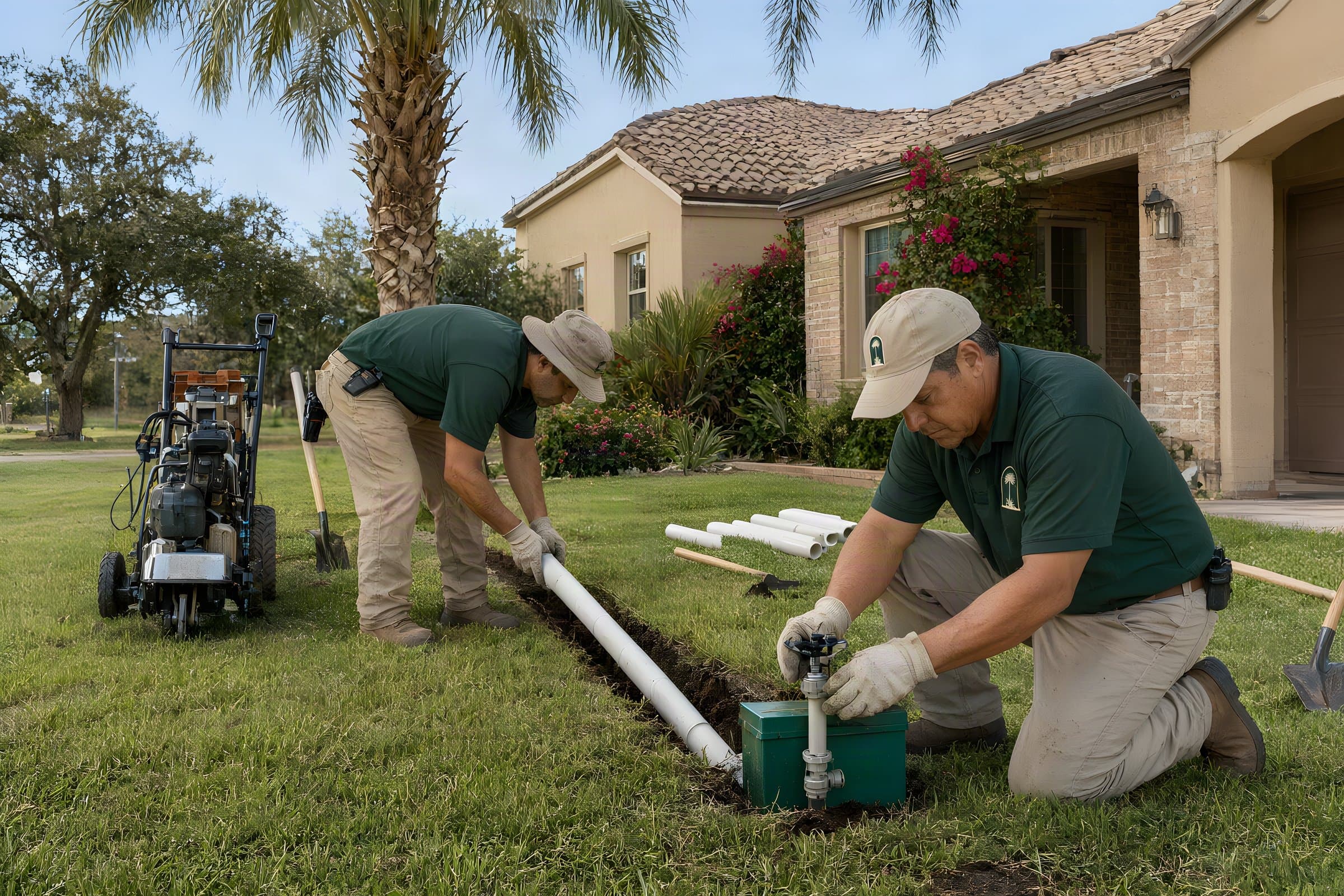 Sprinkler installation in Brownsville: our irrigation crew laying white PVC pipe in a trench and fitting a pop-up sprinkler head at a valve box
